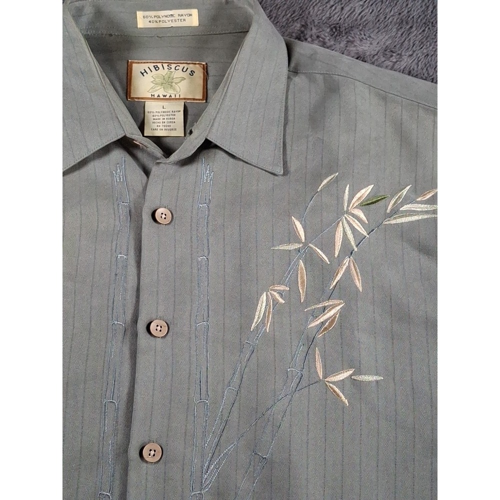 Hibiscus Hawaii Mens Shirt Large Embriodered Bambo Leaf Green Rayon